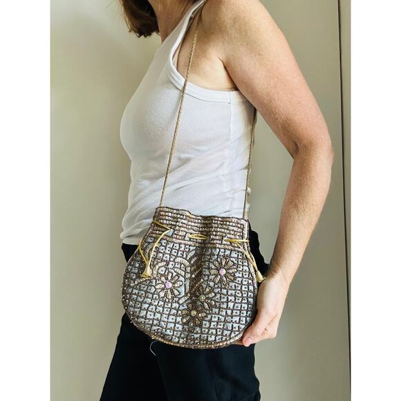 Vintage Sequin Evening bag Drawstring Silver Evening wear - Picture 4 of 7